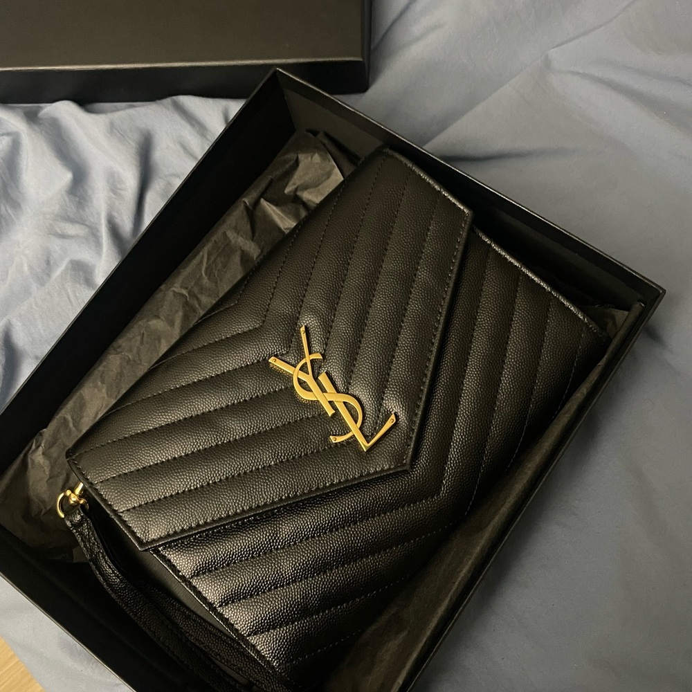 YSL Black Quilted Leather clutch with Gold Logo